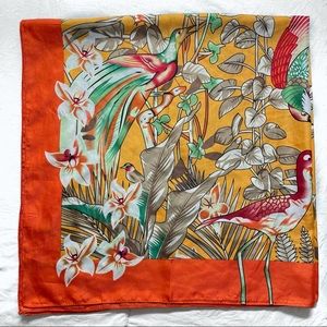 Square silk scarf - orange tropical bird pattern
